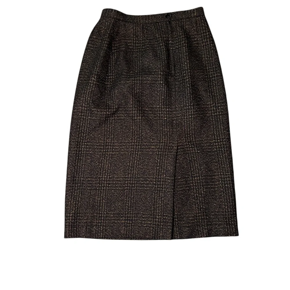 Vtg 80s 90s Kasper Wool Blend Skirt Metallic Tweed High Waist Midi Black Gold 10